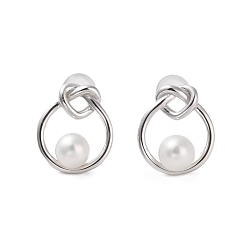 Platinum 925 Sterling Silver Studs Earring, with Cubic Zirconia and Natural Pearl, Teardrop with Heart, Platinum, 14x12mm
