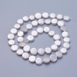 Snow Shell Pearl Beads Strands, Flat Round, Snow, 7.5~8.2x2.2~3.5mm, Hole: 0.5mm, about 42~48pcs/strand, 15.35 inch~15.55 inch(39~39.5cm)