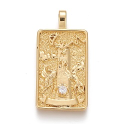 Настоящее золото 18K Латунные микропаве прозрачные подвески с фианитом, талисманы карт таро, башня, реальный 18 k позолоченный, 30x15x4 мм, отверстие : 3~4 мм