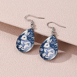 Стально-синий Пасха 304 Серьги-подвески из нержавеющей стали и стекла, слезинка с рисунком кролика, платина, стальной синий, 45x18 мм