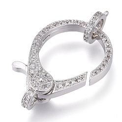 Платинированный Латунные микро проложить кубического циркония когтя омара застежками, с поручнями/трубчатыми поручнями, долговечный, прозрачные, Реальная платина, 27x18x5 мм, отверстие : 2x2.5 мм, трубчатые поручни: 10x8x2мм, отверстие : 1.4 мм