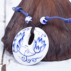 Плоский Круглый Ретро этнический фарфоровый кулон регулируемые ожерелья из полиэстерового шнура для женщин, синий и белый, плоско-круглые, 23.62 дюйм (60 см)