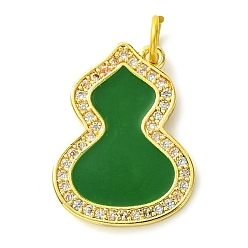 Green Rack Plating Brass Micro Pave Clear Cubic Zirconia Pendants, with Enamel, Long-Lasting Plated, Lead Free & Cadmium Free, Real 18K Gold Plated, Gourd, with Jump Ring, Green, 19x14.5x1.5mm, Hole: 3mm
