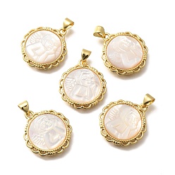 Золотой Подвески-ангелы из натуральной белой ракушки, вырезанные из латуни, стойки покрытие, , золотые, 22x19.5x3.5 мм, отверстие : 3x4 мм