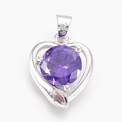 Mauve Brass Micro Pave Cubic Zirconia Pendants, Heart, Platinum, Mauve, 15.5~16x13x4~4.5mm, Hole: 4x5mm