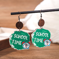 Плоский Круглый Деревянные серьги-подвески с принтом ко Дню учителя., цвета морской волны, плоско-круглые, 60.1x45 мм