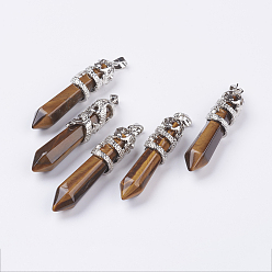 Tiger Eye Natural Tiger Eye Big Pointed Pendants, with Alloy Findings, Faceted, Bullet, Platinum, 59~63x11~12mm, Hole: 4x7mm