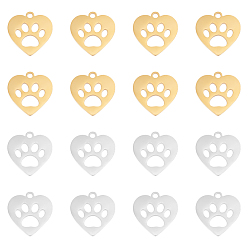 Золотой & Цвет Нержавеющей Стали 20 шт 2 цвета 201 подвески из нержавеющей стали, подвески для лазерной резки, сердце с отпечатками лапы собаки, золотые и нержавеющая сталь цвет, 15x15x1 мм, отверстие : 1.5 мм, 10 шт / цвет
