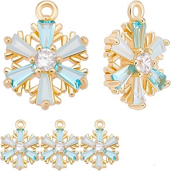 Real 18K Gold Plated Brass Micro Pave Pale Turquoise Cubic Zirconia Charms, Snowflake, Nickel Free, Real 18K Gold Plated, 13x11x3mm, Hole: 1mm, 10pcs/box