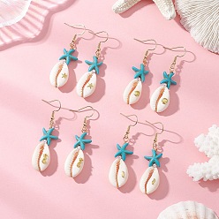 Золотой Серьги-подвески из натуральных смешанных ракушек каури, морская звезда, с синтетической бирюзой и искусственным жемчугом из АБС-пластика, а также фурнитурой для сережек из сплава и нержавеющей стали, золотые, 304 мм