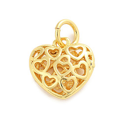Сердце Латунные подвески, полый, стойки покрытие, долговечный, без свинца и без кадмия, с целью перехода в кольце, золотые, сердце, 10.5x10.5x4.5 мм