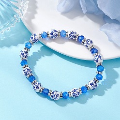 Королевский синий Круглые эластичные фарфоровые керамические браслеты ручной работы с цветочным принтом, браслеты из стеклянных и сплавных бусин, королевский синий, внутренний диаметр: 2-1/8 дюйм (5.5 см)
