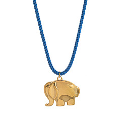 Elefante 304 Collares de mujer con colgante de acero inoxidable y cordón de algodón trenzado, real 18 k chapado en oro, azul, elefante, 13.78 pulgada (35 cm), colgante: 50 mm