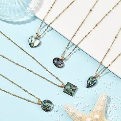 Mixed Shapes Natural Paua Shell Geometric Pendant 304 Stainless Steel Satellite Chain Necklaces, Golden, Mixed Shapes, 17.91 inch(45.5cm)