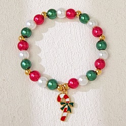 Candy Cane 8мм рождественские белые, зеленые, красные круглые стеклянные бисерные эластичные браслеты, с сплава эмали прелести, золотые, шоколадная конфета, 7.09 дюйм (18 см)