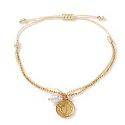 (404) Непрозрачное AB Кислое яблоко Богемный стиль 304 браслеты из нержавеющей стали с подвесками, Браслеты из круглых латунных бусин, двухслойные, для женщин, плоские круглые с святым Бенедиктом, с полиэстером и пластиковыми жемчужинами, цветочный белый, 11.02 дюйм (28 см)