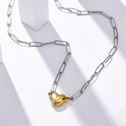 Золотой 304 двухсторонняя магнитная подвеска в форме сердца из нержавеющей стали с цепочкой-скрепкой, золотые, 18.31 дюйм (46.5 см)