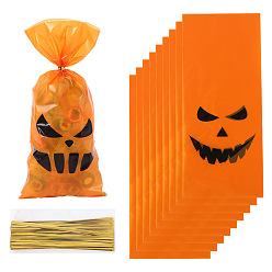 Оранжевый Хэллоуин тыквенное лицо с принтом подарочных пластиковых пакетов, прямоугольные пакеты для упаковки конфет, оранжевые, 27.5x12.5 см