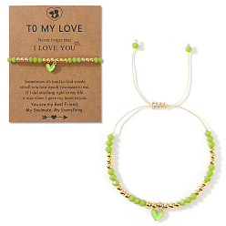 Зеленый газон Браслеты с подвесками в виде сердечек из латуни с эмалью, Браслеты из плетеных бусин из стекла и латуни для женщин, золотые, с открытки, зеленый газон, 11.02 дюйм (28 см)