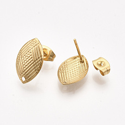 Golden 304 Stainless Steel Stud Earring Findings, with Ear Nuts/Earring Backs, Horse Eye, Golden, 14.5x9mm, Hole: 1mm, Pin: 0.7mm