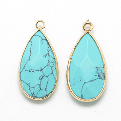 Бледно-бирюзовый Синтетические бирюзовые подвески, с фурнитурой латунной золотого тона, граненые, капля, бледные бирюзовая, 32.5~33x16x6 мм, отверстие : 2.5 мм
