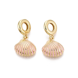 Pink Латунные эмалированные европейские подвески с подвесками, подвески с большими отверстиями в форме ракушки, реальный 18 k позолоченный, розовые, 25 мм, отверстие : 5 мм