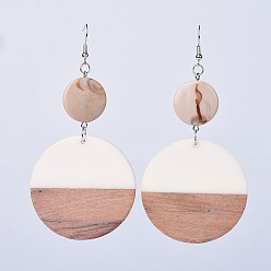 Цвет Древесины Серьги из смолы и дерева с подвесками, с латунными крючками для сережек и акриловыми бусинами, плоско-круглые, деревесиные, 101 мм, кулона: 49x4 мм, контактный: 0.7 мм