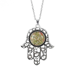 Unakite Natural Unakite Pendant Necklaces, Stainless Ssteel Cable Chains, Hamsa Hand, 19.69 inch(50cm)