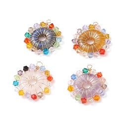 Mixed Stone Natural Mixed Stone Pendants, Donut/Pi Disc Charm, with Colorful Glass Beads and Real 18K Gold Plated Copper Wire Wrapped, 28x25x5mm, Hole: 3mm