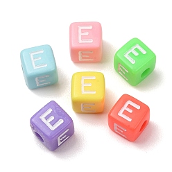Couleur Mélangete Perles européennes opaques acrylique, Perles avec un grand trou   , cube avec la lettre e, couleur mixte, 10x9x9~9.5mm, Trou: 4mm, environ580 pcs / 500 g
