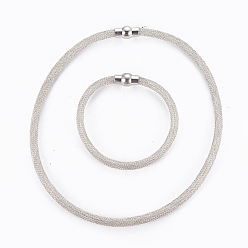 Blanchierte Mandel Messing Schmuck-Sets, Netzkettenhalsketten und Armbänder, mit Messing-Magnet schließen, blanchierte Mandel, 16.4~16.6 Zoll (41.7~42.3 cm), 5 mm, 8 Zoll ~ 8-1/8 Zoll (20.4~20.7 cm), 5 mm