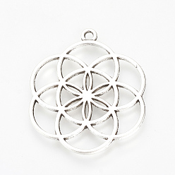 Antique Silver Tibetan Style Alloy Pendants, Flower, Cadmium Free & Lead Free, Antique Silver, 36.5x31x1.5mm, Hole: 2mm, about 280pcs/1000g