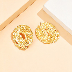 Golden Textured 304 Stainless Steel Stud Earrings for Women, Oval, Golden, 35x30mm