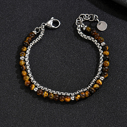 Tiger Eye Natural Tiger Eye Round Beaded 2-Strand Bracelets with 201 Stainless Steel Box Chains for Men Women, Stainless Steel Color, 7.48 inch(19cm)