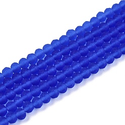 Синий Прозрачные стеклянные бусины, граненые, матовые, рондель, синие, 4 мм, отверстие : 1 мм, около 105~110 шт / нитка, 38~39 см