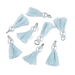 Bleu Ciel Clair Décorations pendentif gland en polycoton (polyester coton), mini pompon, avec des apprêts en fer couleur platine et des imitations de perles en plastique ABS, lumière bleu ciel, 23mm, anneau de saut: 5x0.8 mm, 3.4 mm de diamètre intérieur 