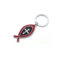 Roja Israel jesus llavero en forma de pez, llavero con colgante de esmalte de aleación cruzada religiosa, Platino, rojo, 8.5 cm