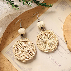 Плоский Круглый Богемные серьги-подвески из дерева и ротанга, сплетенные из разных пород дерева., с кокосом, платина, плоско-круглые, 70x46 мм
