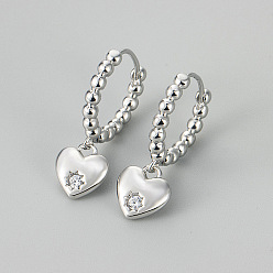 Платина Серьги-кольца из латуни с прозрачными кубическими циркониями ко Дню святого Валентина, сердце, платина, 18.36x9.73 мм