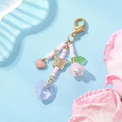 Pink Украшения из стеклянных бусин, с цинковым сплавом застежками омаров коготь, сердце, цветок и бабочка, розовые, 67 мм