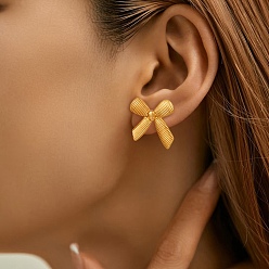 Золотой 304 серьги-гвоздики из нержавеющей стали для женщин, бантом, золотые, 29x26 мм