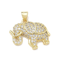 Настоящее золото 18K Латунные микропаве прозрачные подвески с фианитом, Слон прелести, долговечный, без кадмия и без свинца, стойки покрытие, реальный 18 k позолоченный, 20x23x5 мм, отверстие : 5.5x3.5 мм
