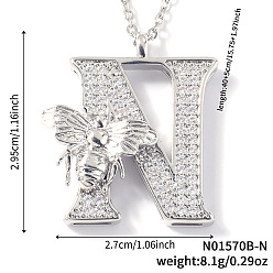 Letter N Ожерелья с подвесками из латуни с прозрачным кубическим цирконием и микропаве, платина, Письмо N, 15.75 дюйм (40 см), Кулон : 29.5x27 мм