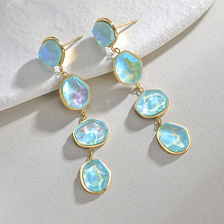 Голубой 304 Серьги-гвоздики из нержавеющей стали и стекла, овальные, золотые, голубой, 52x11 мм