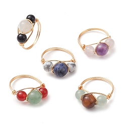Light Gold Кольца для пальцев, обернутые медной проволокой, круглые женские кольца из смешанных натуральных камней, золотой свет, 10 мм, внутренний диаметр: 18 мм