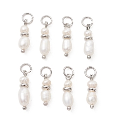 Нержавеющая Сталь Цвет Подвески из натурального пресноводного жемчуга, Подвески из бисера в виде риса и картофеля с 304 соединительными кольцами из нержавеющей стали, белые, цвет нержавеющей стали, 13.5~16x4~5 мм, отверстие : 3.5 мм