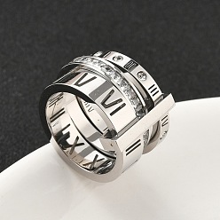 Нержавеющая Сталь Цвет 304 Кольца из нержавеющей стали с кубическим цирконием для женщин и мужчин, римские цифры, цвет нержавеющей стали, 12.5~16.5 мм, внутренний диаметр: 18 мм