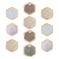 Black Lip Shell 10Pcs Natural Black Lip Shell Hexagon Charms, with Brass Edge, Light Gold, 14.5x13x1~2mm, Hole: 1.2mm