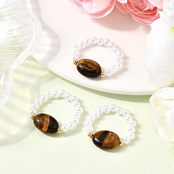 Тигровый глаз Кольца-растяжки из натурального тигрового глаза для женщин, овальные, с абс пластмассовой имитационной жемчужиной, 9.5~10.5 мм, внутренний диаметр: 20.5мм~размер 12 1/4(21.5мм)
