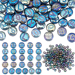 Аква 104 шт. 26 стили гальванизированные стеклянные бусины, 150 шт. Стеклянные бусины, плоские круглые с письмом ~ г, с покрытием цвета радуги, вода, 10x5 мм и 4 мм, отверстие : 1 мм